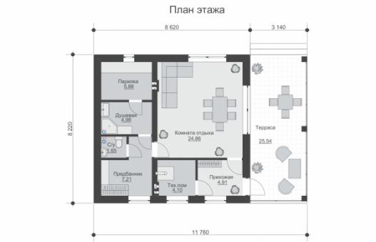 Одноэтажная баня с террасой и комнатой отдыха